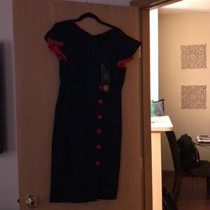Navy Blue Red Button Up Dress